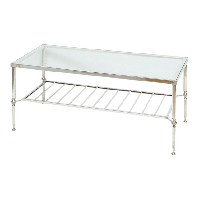 French Modern Cocktail or Coffee Low Table of Nickeled Brass and Glass For Sale