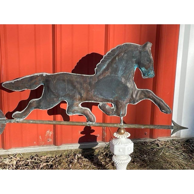 Early 20th Century Copper Horse Weathervane With Copper Ball and Milk Glass & Wood Stand For Sale - Image 10 of 14