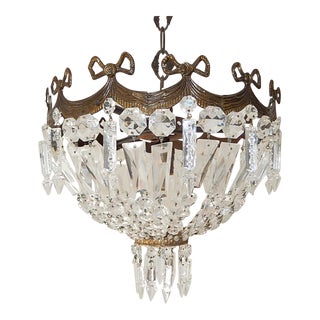 French Empire Bronze Crystal Bows Flushmount Chandelier, Circa 1930 For Sale
