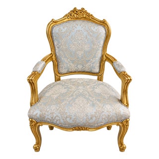 French-Style Armchair – Light Blue Damask Upholstery With Ornate Gold Leaf Frame For Sale