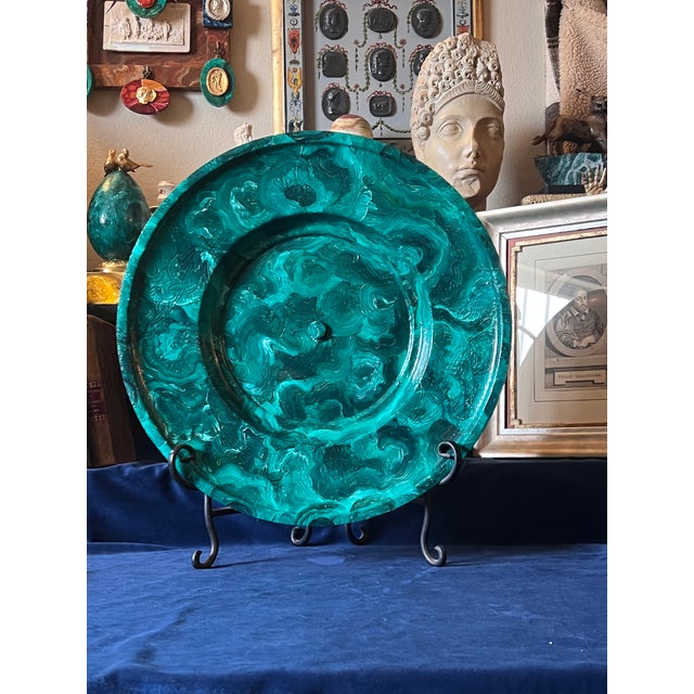 Large Art Deco Faux Malachite Painted Decorative Vintage Plate Charger on Stand For Sale - Image 9 of 10