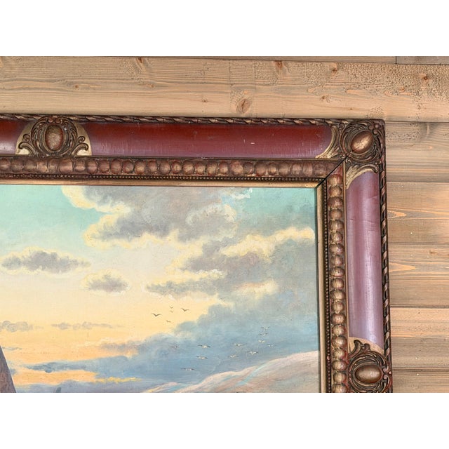 Signed 1920 Antique Maritime Sailboat Oil Painting in Ornate Painted Frame For Sale - Image 15 of 18