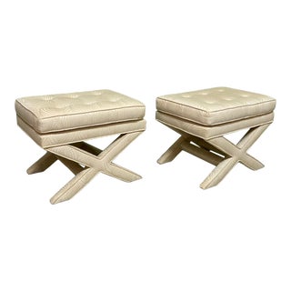 Midcentury Billy Baldwin Style X-Form Upholstered Benches, a Pair For Sale