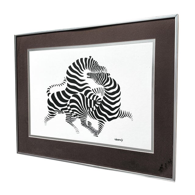 Victor Vasarely Vintage 1970s Victor Vasarely Zebras II Framed Op Art Serigraph - Mid-Century Modern Optical Art Print W/ Brushed Aluminum Frame - 16" X 20" For Sale - Image 4 of 10