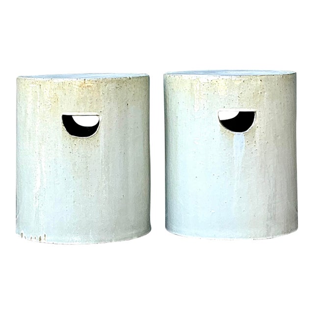 Vintage Glazed Ceramic Cylinder Garden Stools - A Pair For Sale