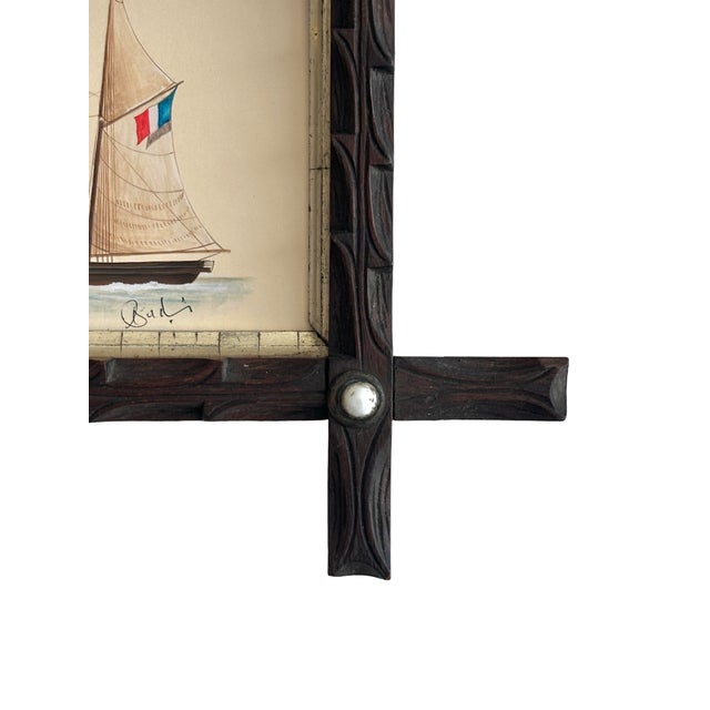 Nautical Original Hand-Painted Sailboat Painting in a Antique Folk Frame For Sale - Image 3 of 4