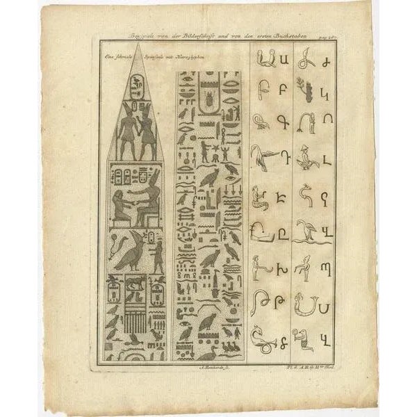 Set of three antique prints depicting the column in Heliopolis and hieroglyphs. These prints originate from 'New...