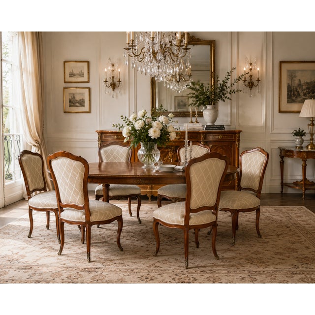 A refined and timeless set of six Louis XV–style dining chairs crafted by La Maison Élégante Pour Les Meubles Français....