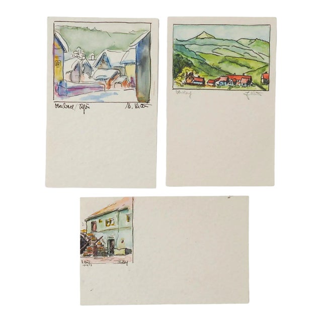 Tiny Mid Century European Villages Watercolor Paintings - Set of 3 For Sale