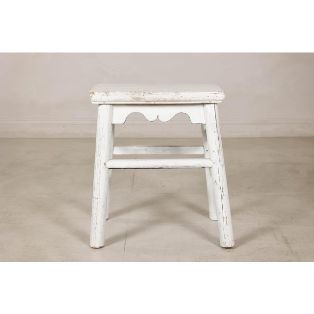 Vintage Chinese Rustic Country Style White Painted Wooden Stool For Sale In New York - Image 6 of 16