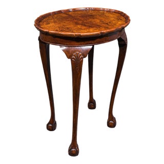 Antique Oval Side Table, English, Burr Walnut, Lamp, Wine, Pie Crust, Edwardian For Sale