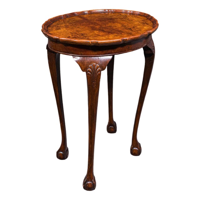 Antique Oval Side Table, English, Burr Walnut, Lamp, Wine, Pie Crust, Edwardian For Sale