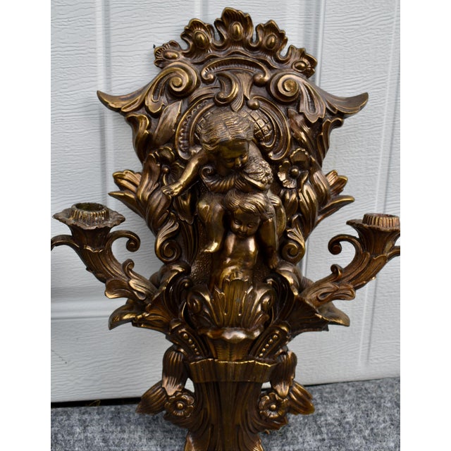 Bronzed Cherub Wall Sconces Ornate Pair Gold Rococo Baroque Putti Candle Holder For Sale - Image 4 of 10