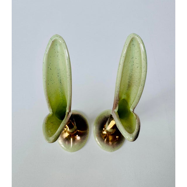 Celadon Pair 1950s Bud Vases Attributed to Bauer Pottery, Green and Gold For Sale - Image 8 of 10