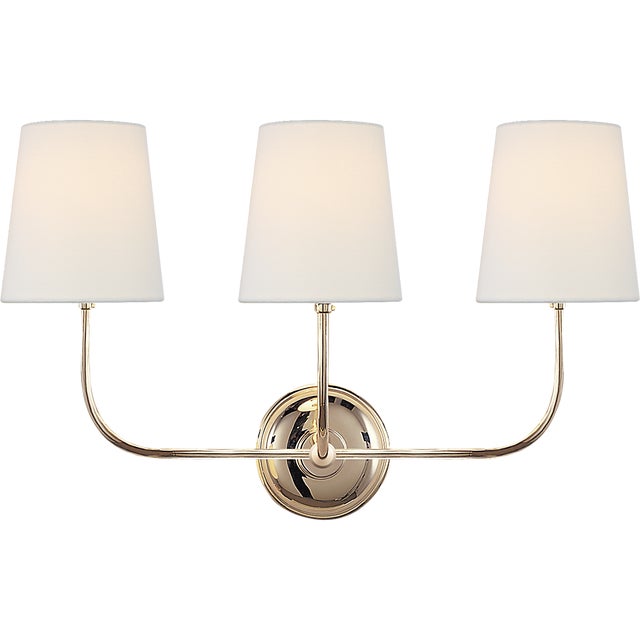 Thomas O'Brien for Visual Comfort Signature Vendome Triple Sconce in Polished Nickel with Linen Shades For Sale