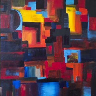 Blue Moon – Large Abstract Painting in Deep Reds, Blues & Golds by Nathalie Gribinski For Sale