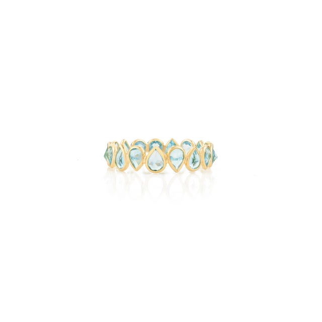 Modern 18k Solid Gold Pear Cut Blue Topaz Stackable Eternity Band Ring Size 5 For Sale - Image 3 of 12