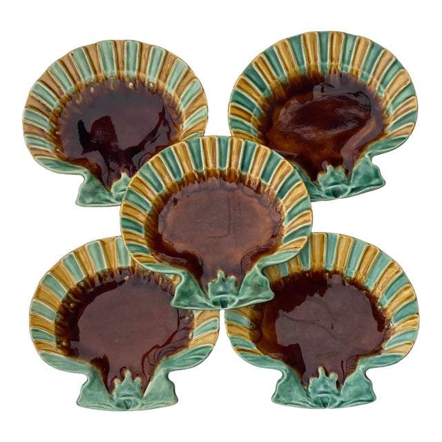 19th Century French Majolica Shell Plates Choisy Le Roi-Set of 5 For Sale