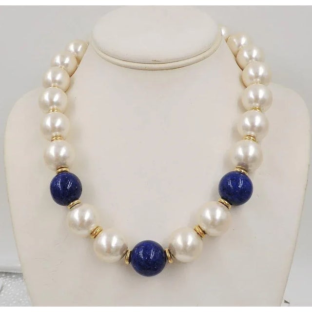 Vintage Circa 1992 Signed Napier Mabe Faux-Pearl & Lapis Necklace For Sale - Image 11 of 12