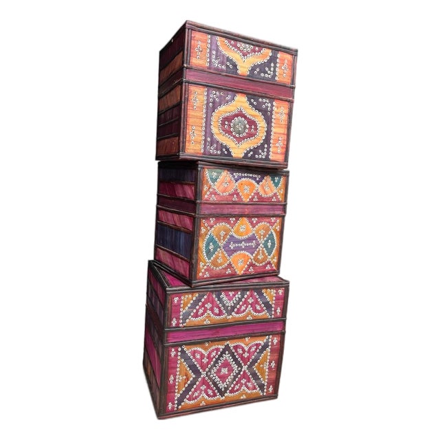 1980s Handcrafted African Storage Boxes With Cowrie Shell Decoration – Set of Three For Sale