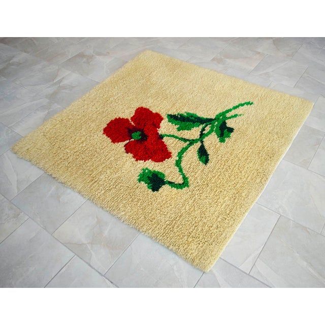 Cream Vintage Hand-Made Shaggy Wool Tulu Turkish Rug Thicker Pile Soft Rug- 5′1″ × 5′3″ For Sale - Image 8 of 13