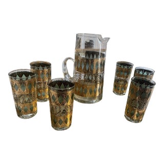 Mid 20th Century 22k Gold Pitcher & Glassware Set by West Virginia Glass For Sale