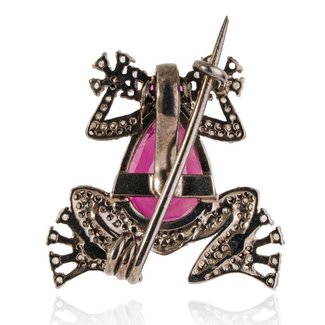 1890s Revival Inspired Silver & 3Ct Natural Ruby Diamond Pavé Frog Brooch Pendant For Sale - Image 6 of 14
