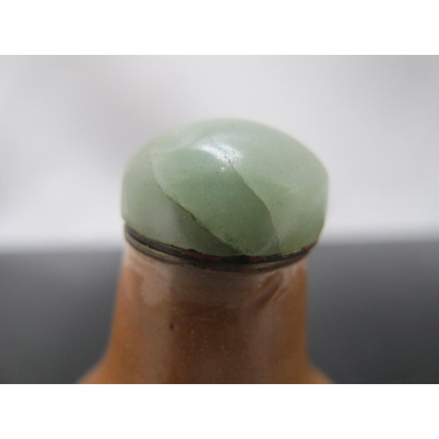 Amber Chinese Hand Etched Figural & Script Gourd Snuff Bottle With Jade Green Stopper For Sale - Image 8 of 14