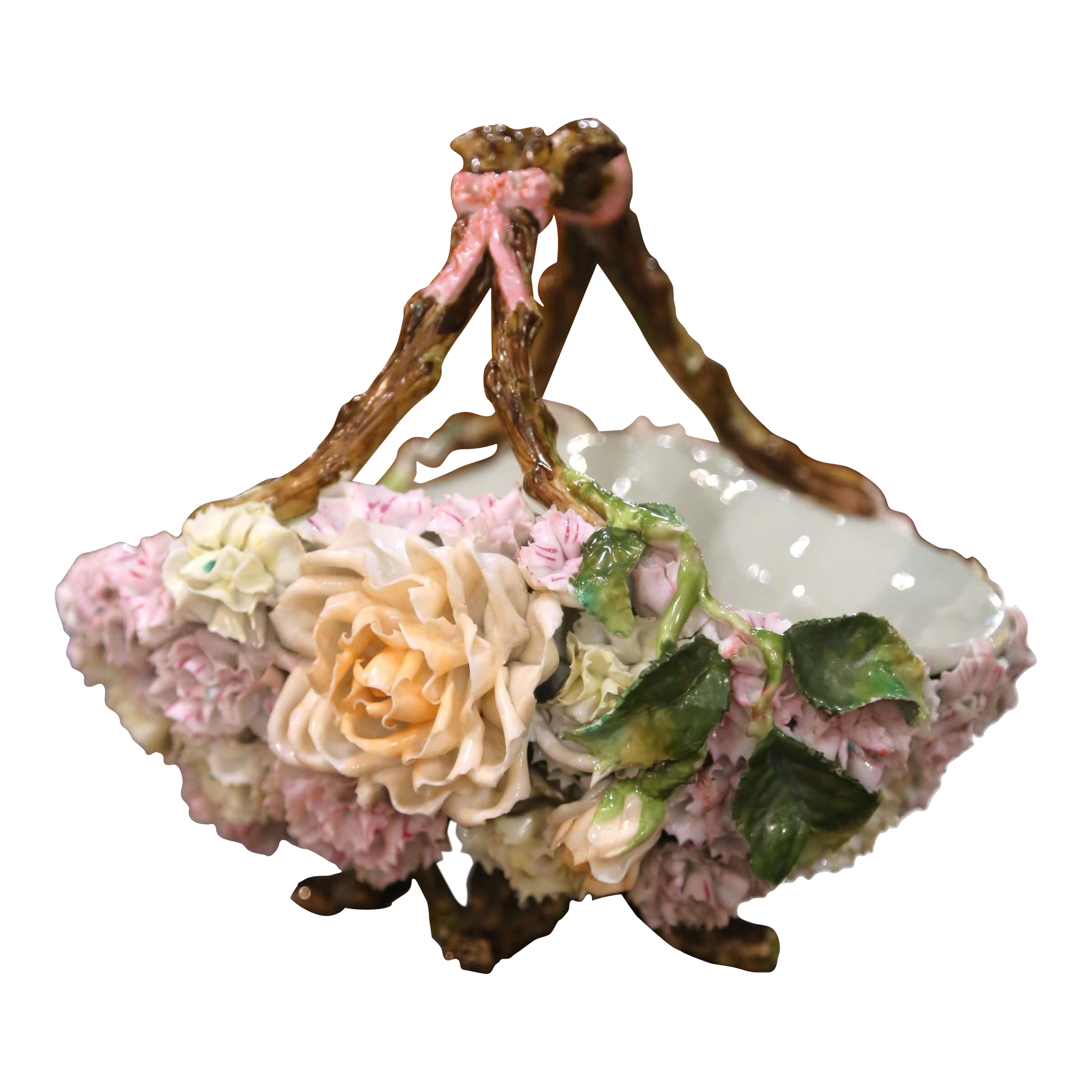 19th Century French Porcelain Barbotine Flower Basket With Twig
