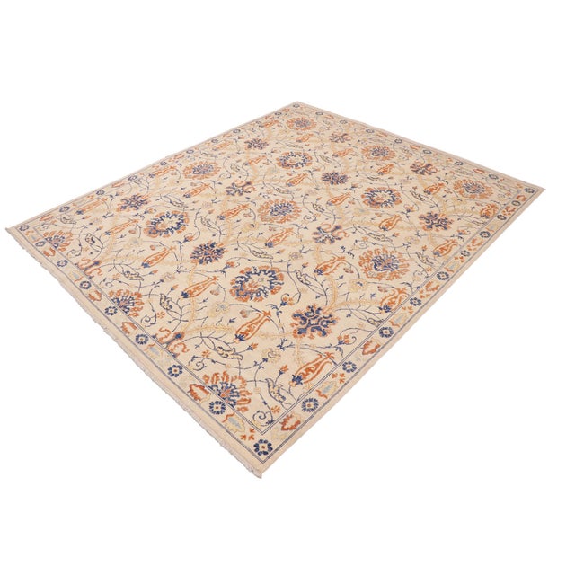 Contemporary 1990s Shabby Chic Kafkaz Peshawar Ivory/Blue Wool Rug - 9'1 X 10'8 For Sale - Image 3 of 10