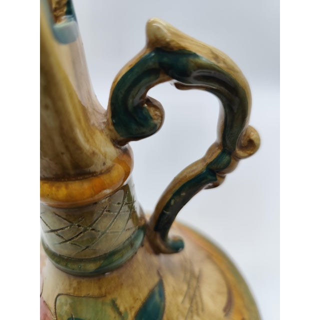 Mid-Century Roman Majolica Carafe with Polychrome Painting, Sgraffito Engravings and Curved Handle, 1950s For Sale - Image 6 of 9