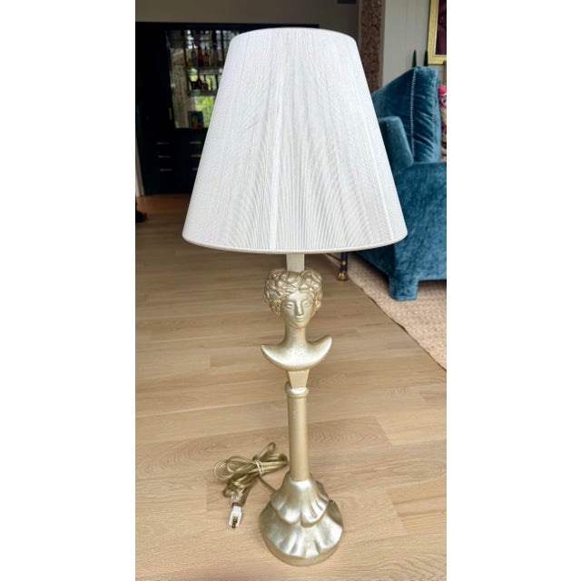 Art Deco Mid 20th Century Rare Sirmos “Tête De Femme” Figural Table Lamp in the Style of Diego Giacometti With Original Silk String Shade For Sale - Image 3 of 12