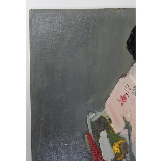 Mid 20th Century Mid 20th Century Portrait Japanese Woman in Pink Kimono Painting For Sale - Image 5 of 9