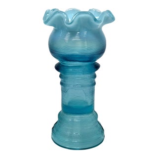 Antique Eapg Jefferson Glass #73 Blue Opalescent Spool Vase 6" Ruffled Rim For Sale