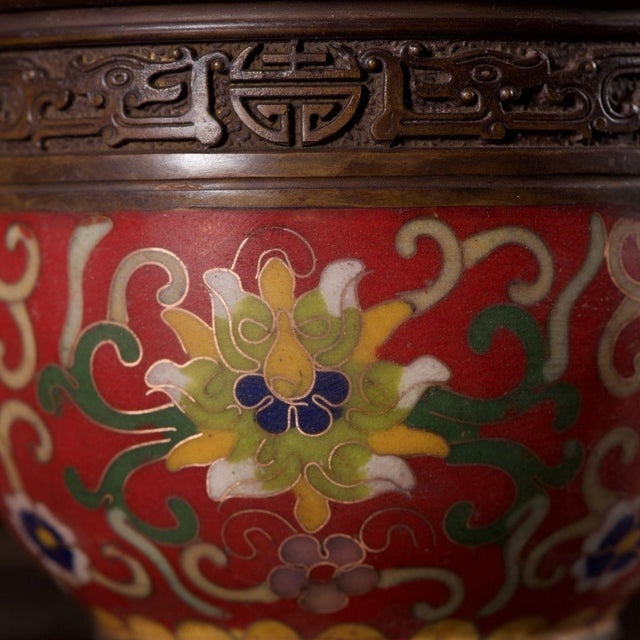 Metal Vintage Cloisonné Enamel Censer With Beast Handles and Lotus Motif For Sale - Image 7 of 9