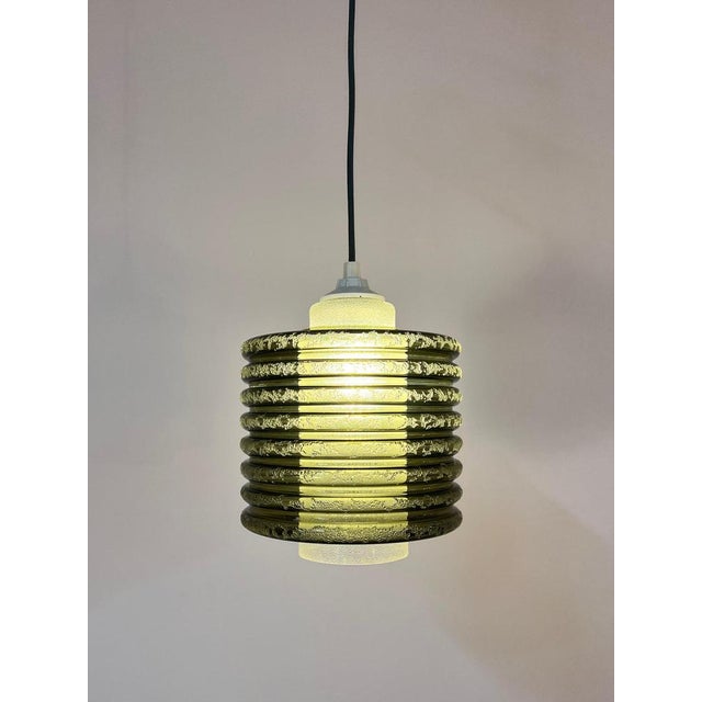 Olive and White Textured Glass Pendant Lamp For Sale - Image 4 of 11