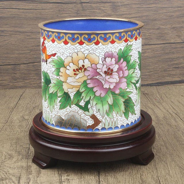 Metal Vintage Cloisonné Enamel Brush Pot / Pen Holder – White Ground Peony & Butterfly Motif, With Wood Stand For Sale - Image 7 of 7