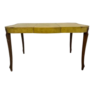 European Yellow Leather Wrapped Dining Table with Gold Trim