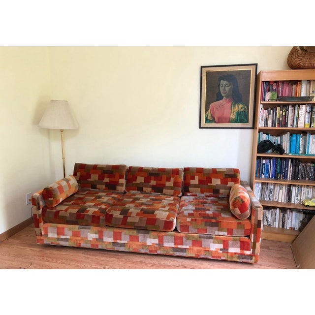 1970s Attributed to Jack Lenor Larson for Milo Baughman MCM Sofa - Orange Rust Cotton Velvet Patchwork For Sale In Sacramento - Image 6 of 6