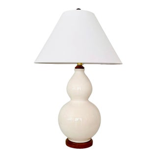 Lauren Ralph Lauren Ivory Crackle-Glaze Double Gourd Ceramic Table Lamp With Wood Base For Sale