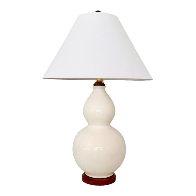 Lauren Ralph Lauren Ivory Crackle-Glaze Double Gourd Ceramic Table Lamp With Wood Base For Sale