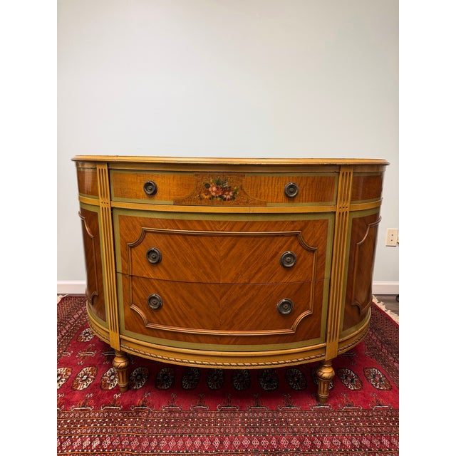 Vintage Neoclassical Louis XVI-Style Demilune Chest With Floral Painted Panel For Sale In Birmingham - Image 6 of 9