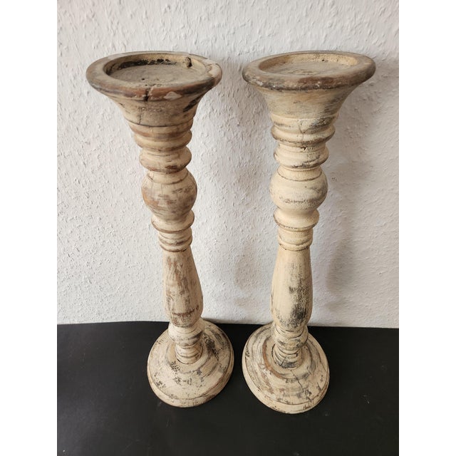 Ivory Antique Country House Shabby Chic Wooden Candleholders for Pillar Candles, France, 1950s For Sale - Image 8 of 18