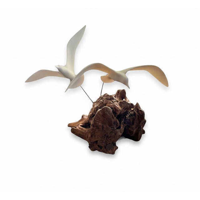 Vintage Mid-Century Modern Large John Perry "Seagulls in Flight" Duo Burl Wood Sculpture For Sale