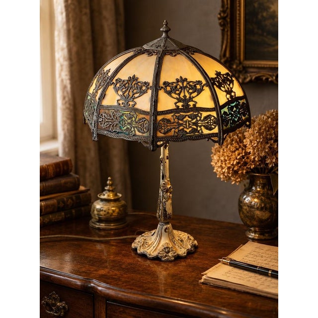 Vintage Art Nouveau Slag Glass Two-Light Table Lamp, C. 1935–1955 For Sale - Image 10 of 10