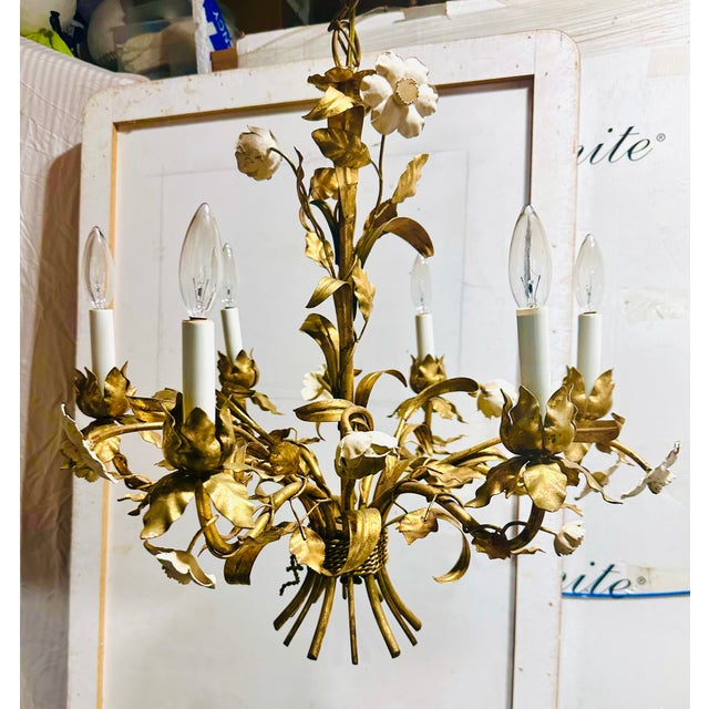 Vintage Italian Gilded Tole and Cream Enamel Floral 6-Light Chandelier For Sale - Image 10 of 17