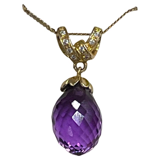 Checkerboard Amethyst Drop & Diamond Pendent/Necklace 14 Karat Yellow Gold Chain For Sale - Image 4 of 18