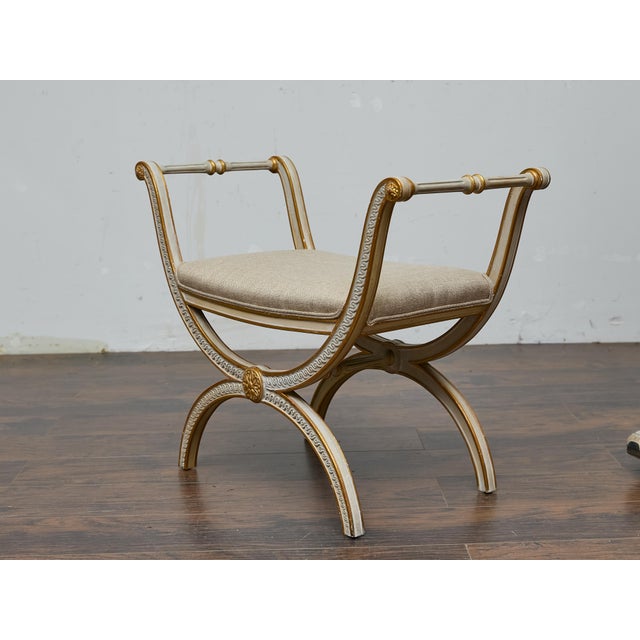 French Neoclassical Style Curule Stool, Gilded Wood and Upholstered Seat For Sale - Image 9 of 12