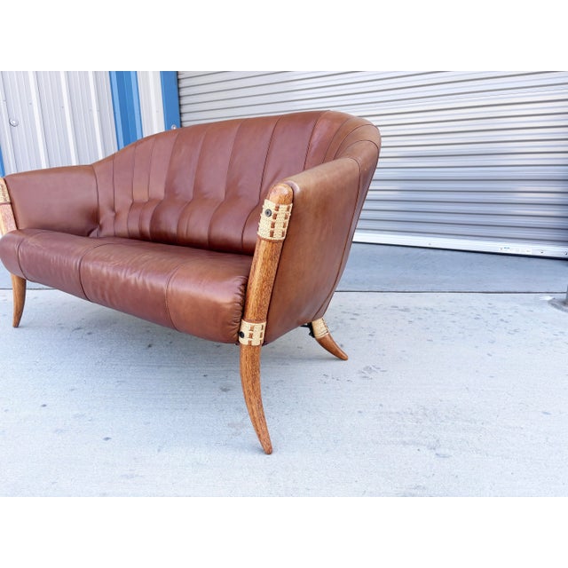 Wood Mid Century Palmwood & Leather Loveseat by Pacific Green For Sale - Image 7 of 12