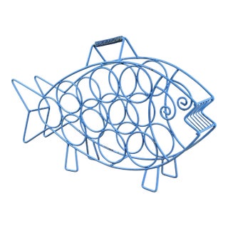 Mid Century Modern Blue Wire Fish Wine Bottle Holder Sculptural Bar Rack For Sale